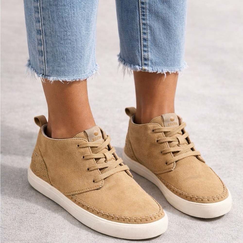 SAOLA Women’s 7.5 Tan Suede Mid-Top Sneakers Eco Friendly Casual Shoes